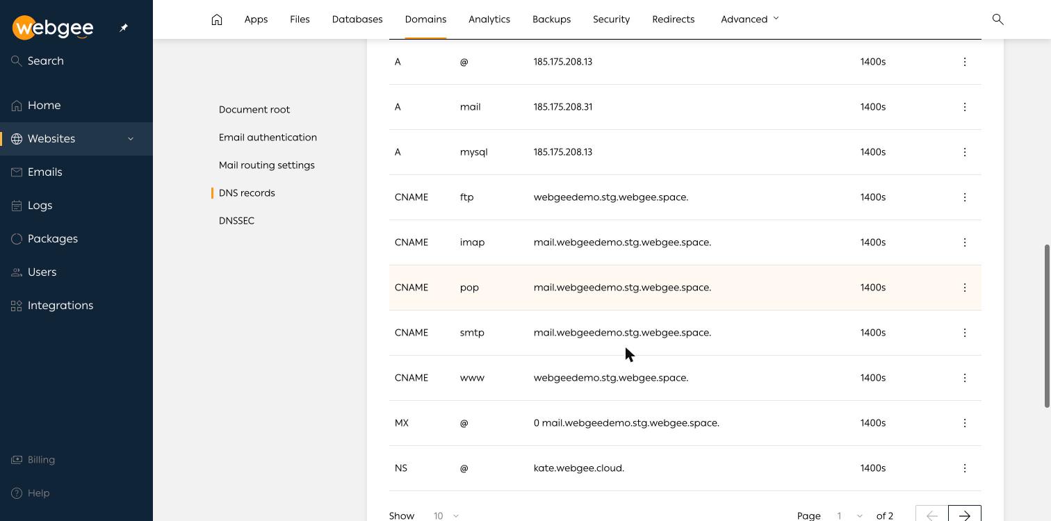 The DNS records table for a website