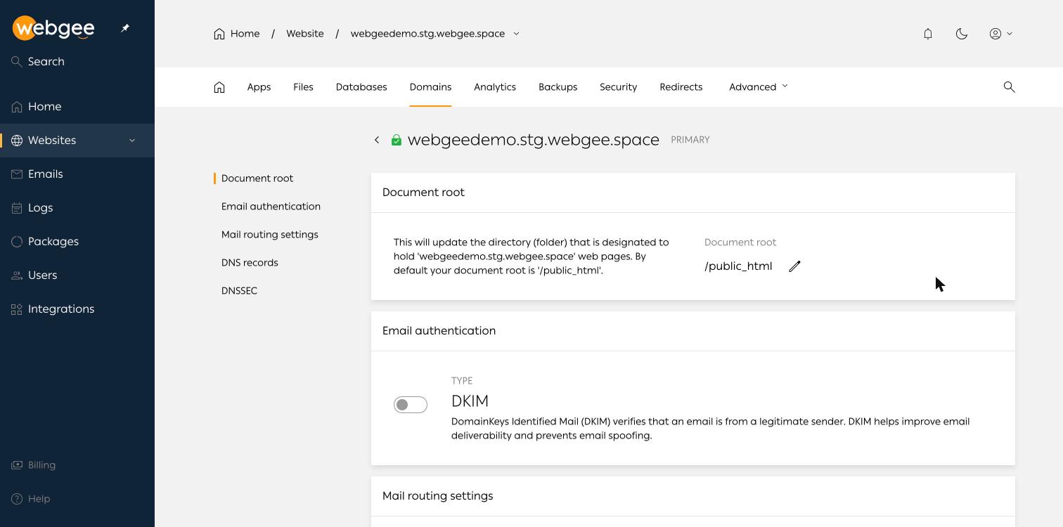 The domain management page, showing document root and the DKIM toggle