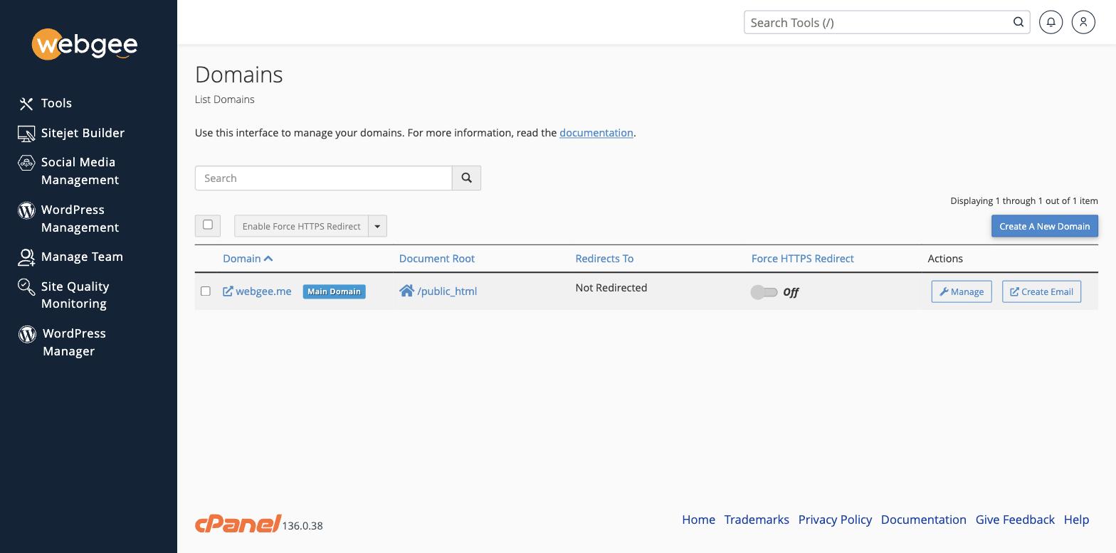 The Domains page with the Force HTTPS Redirect column and its toggle