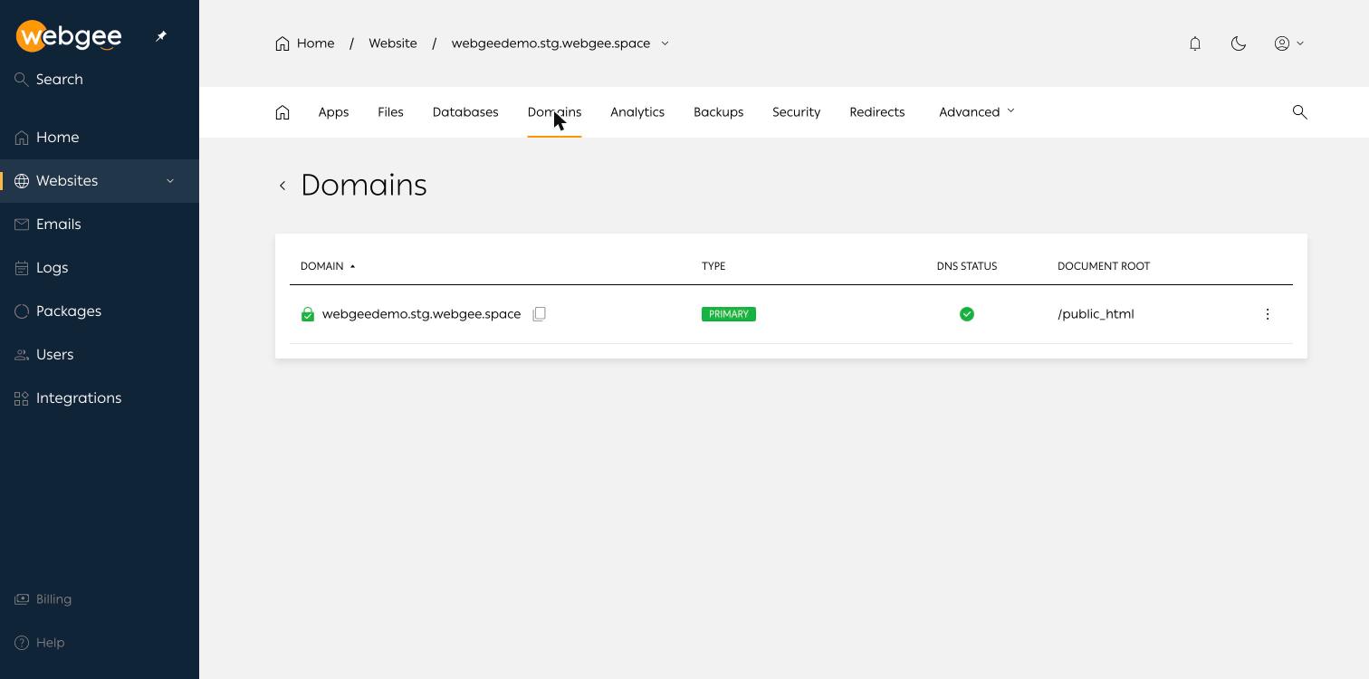 The Domains list, showing the primary domain, DNS status and document root