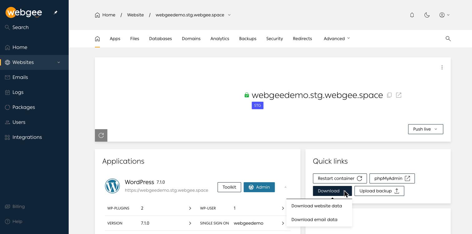 The Download menu, offering website data and email data