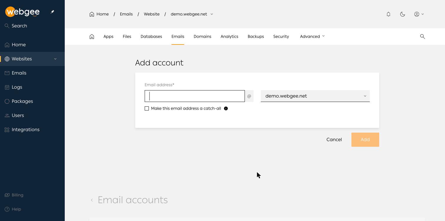 The Add account form, with the local part and the domain selector