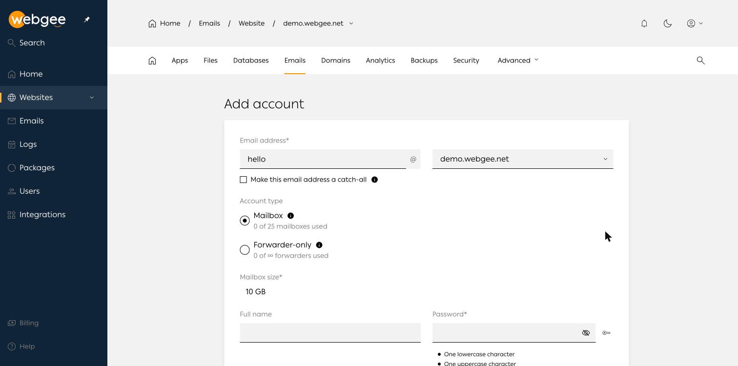 The expanded Add account form, showing account type, mailbox size, name and password