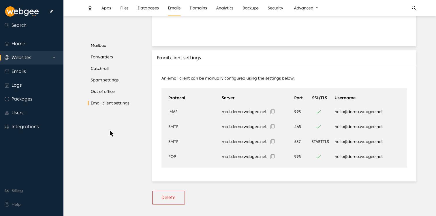 The email client settings table, listing protocols, servers, ports and encryption