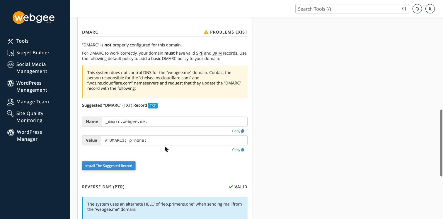 The DMARC section offering a suggested record