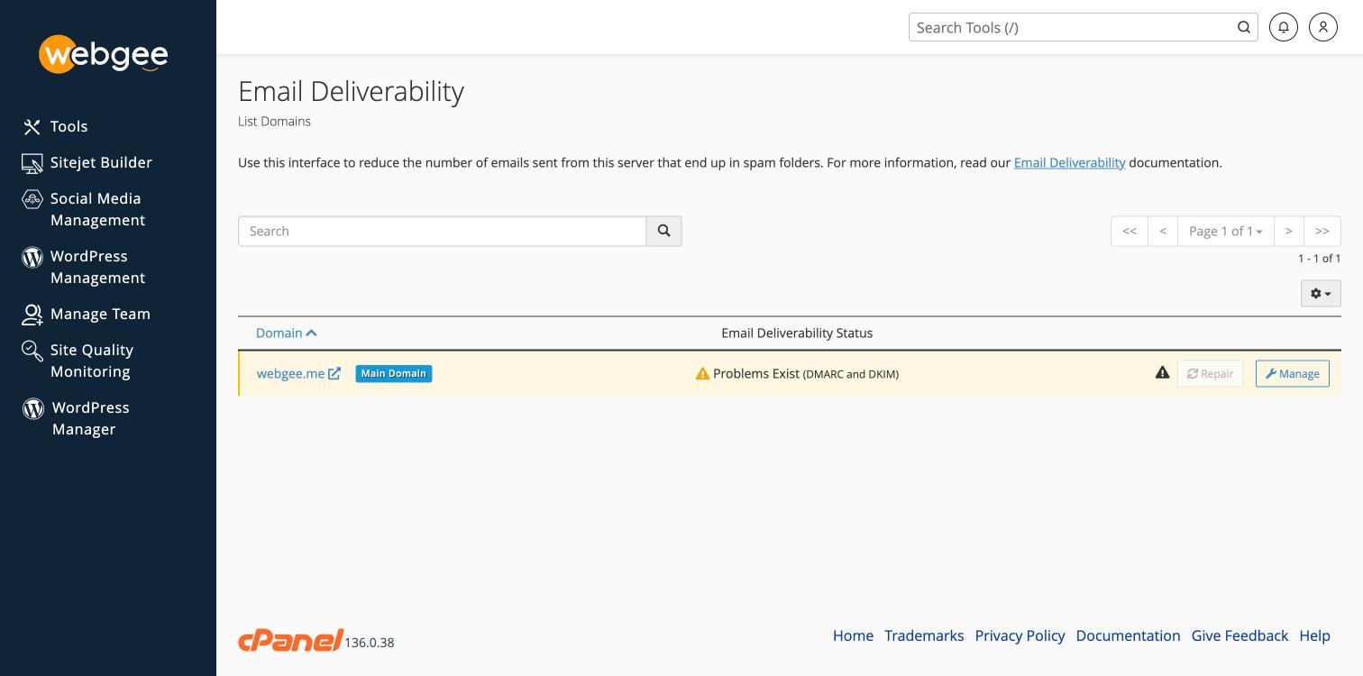 The Email Deliverability domain list showing status per domain