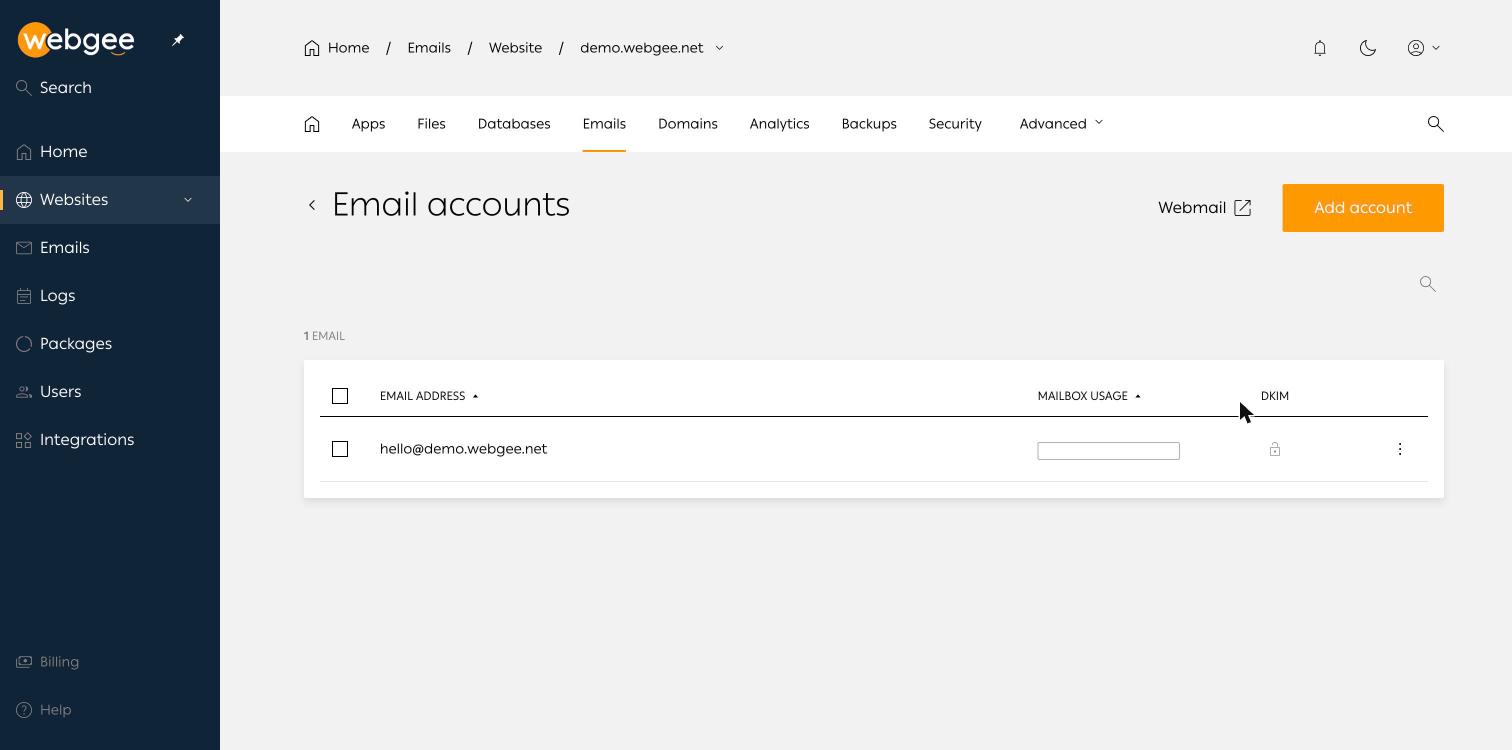 The email accounts list, showing mailbox usage and DKIM status