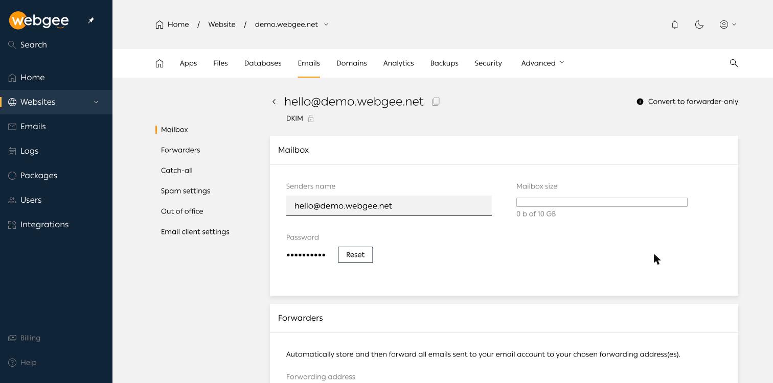 The mailbox management page, with the sidebar of mailbox settings