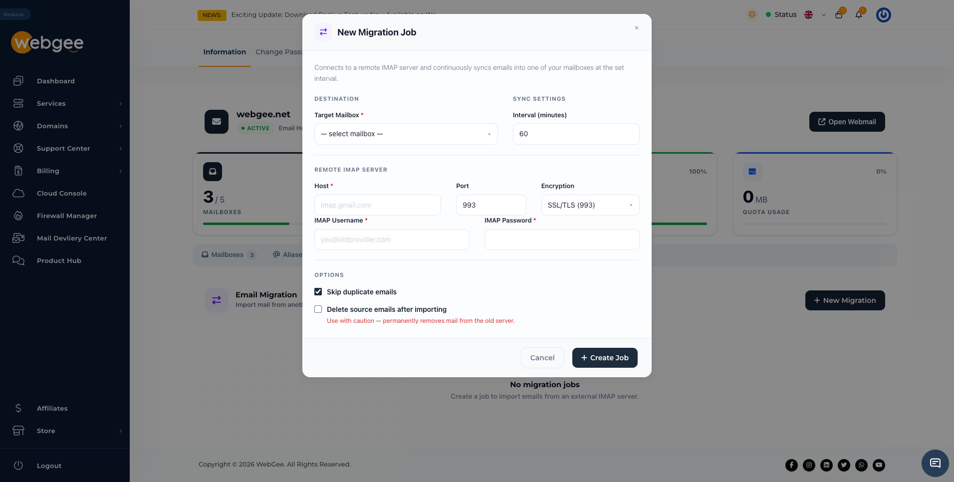 The New Migration Job dialog, with destination, remote server and options