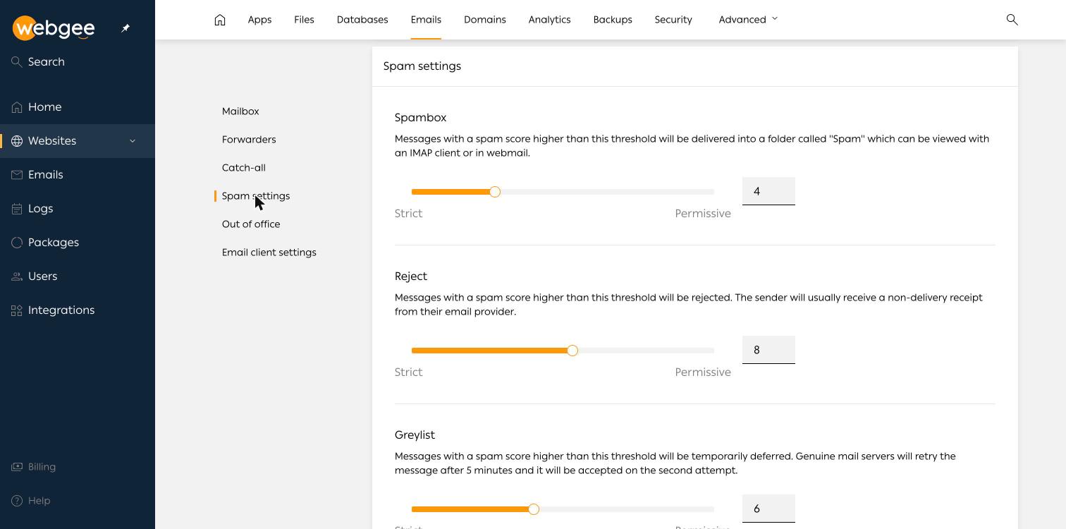The spam settings sliders — spambox, reject and greylist thresholds