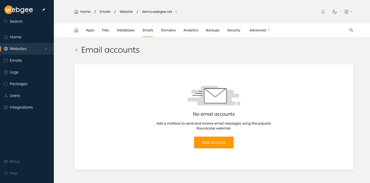 The Email accounts page before any mailbox exists