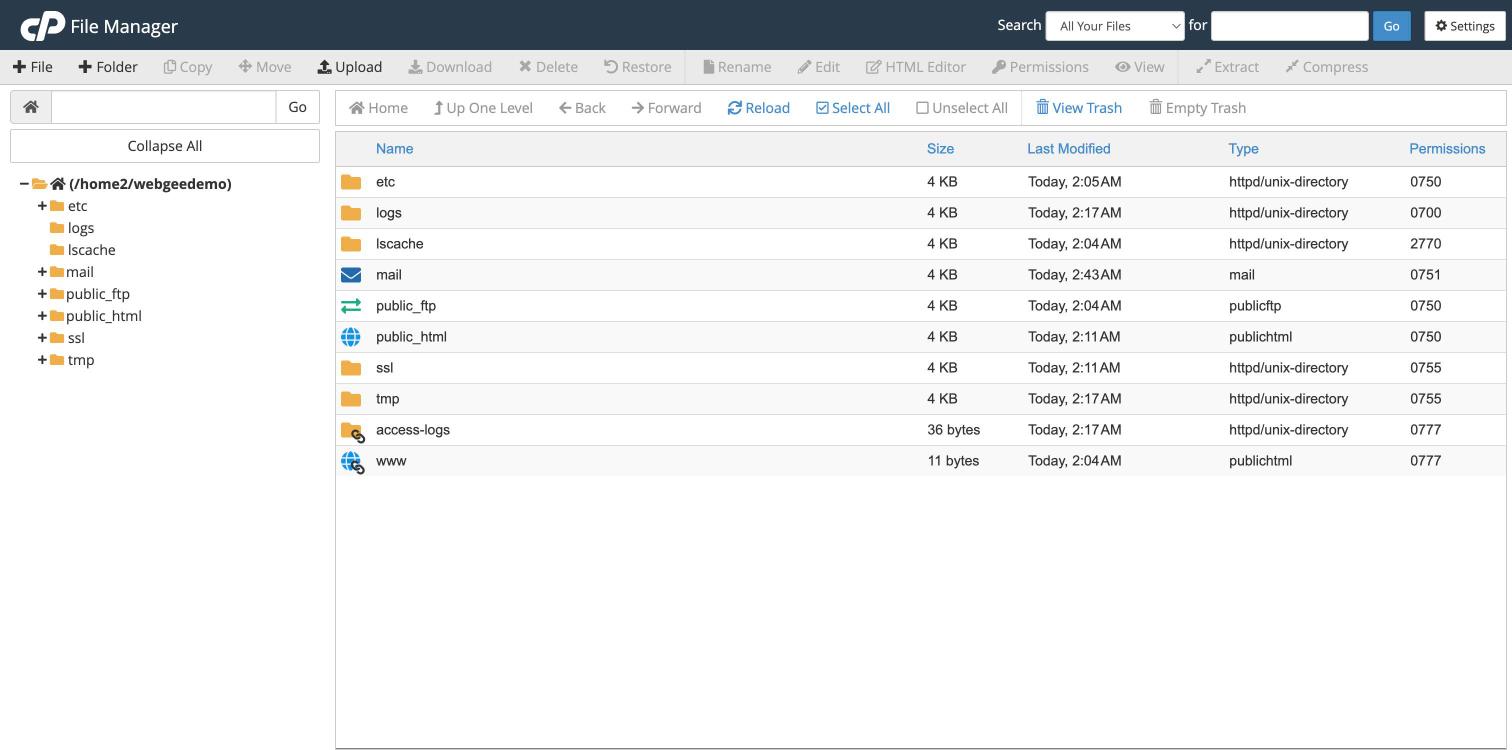 cPanel File Manager showing the home directory, with the folder tree and permissions column