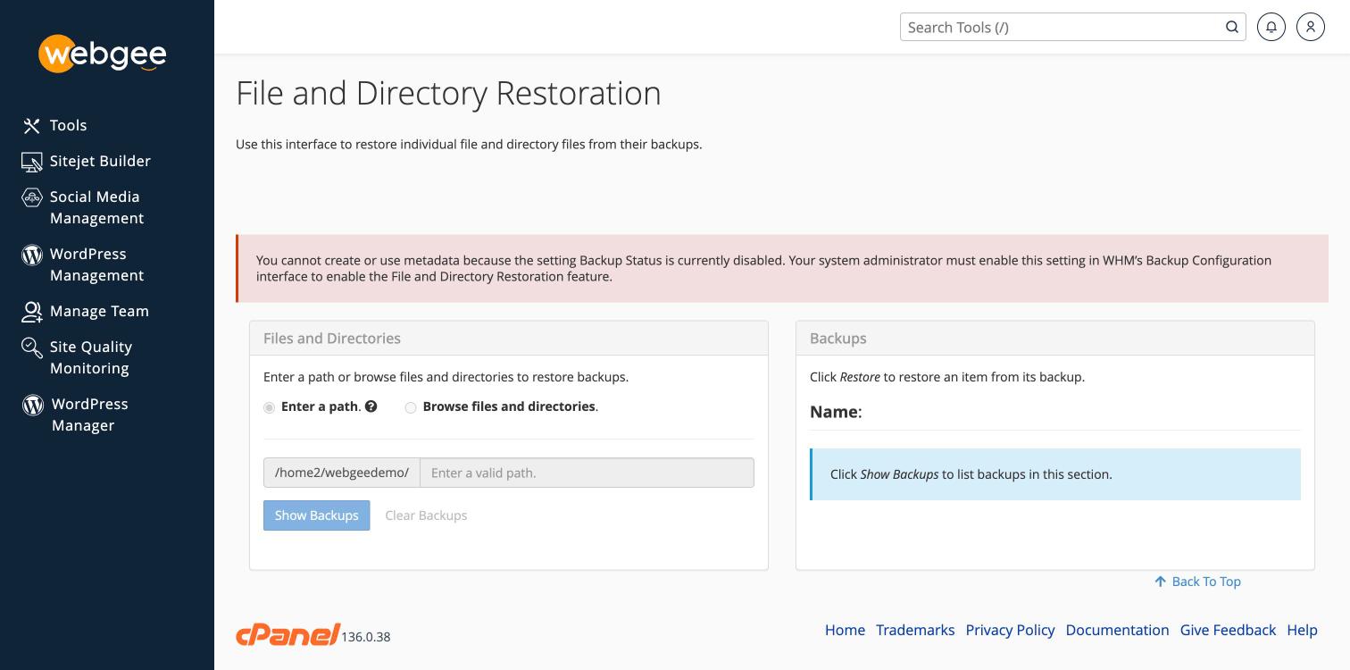 File and Directory Restoration reporting that backup status is disabled
