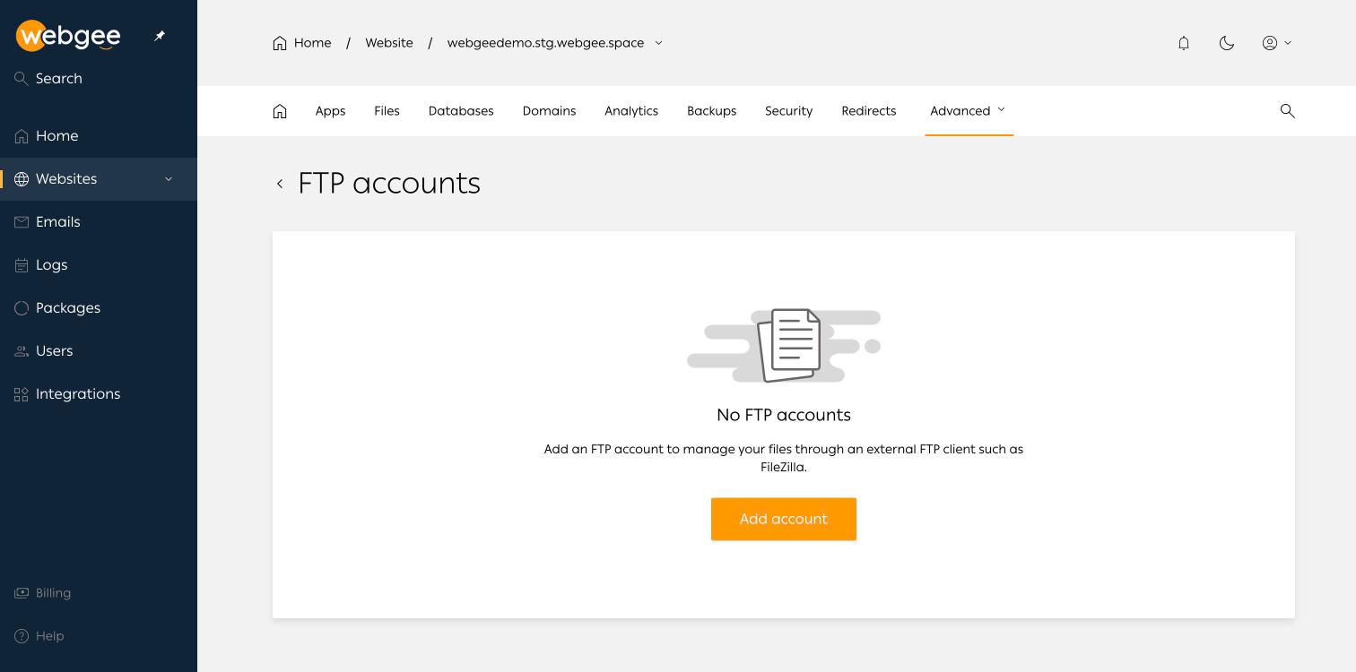 The FTP accounts page before any account exists