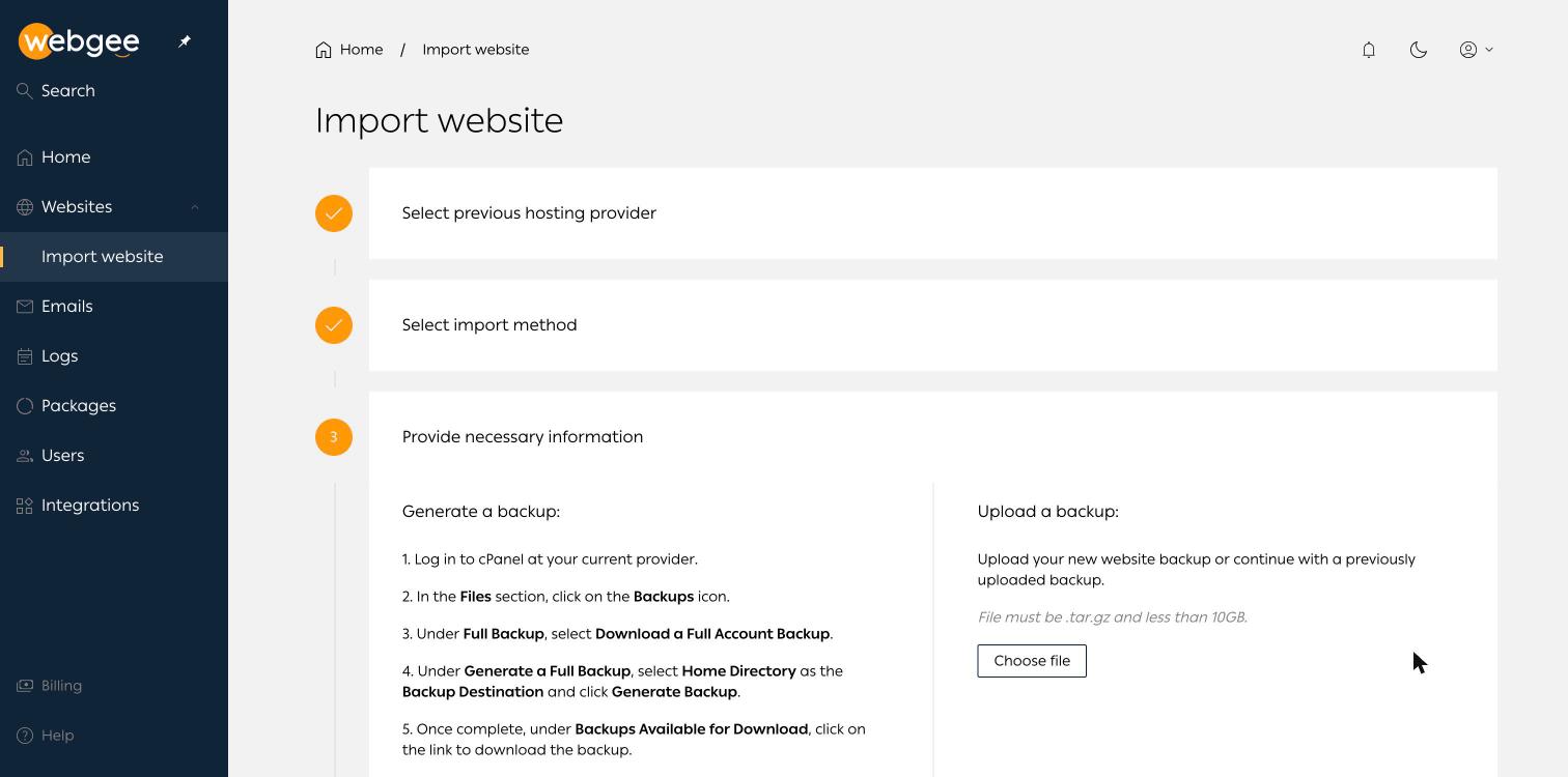 Step three for cPanel, with backup generation instructions and the upload control