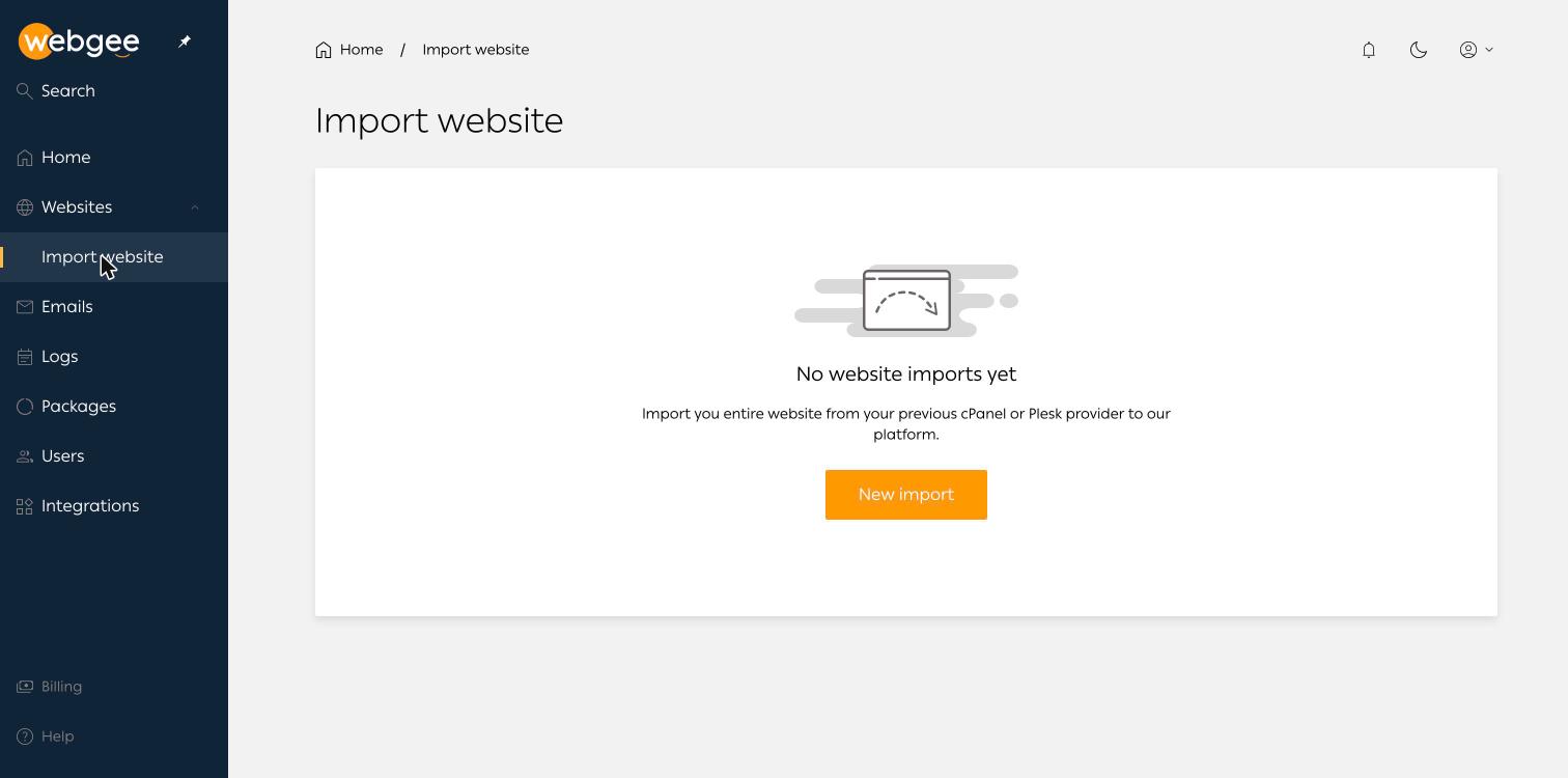 The Import website page before any import exists