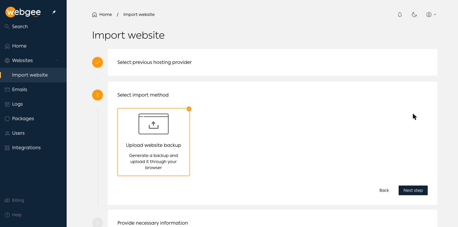 Step two, offering upload of a website backup