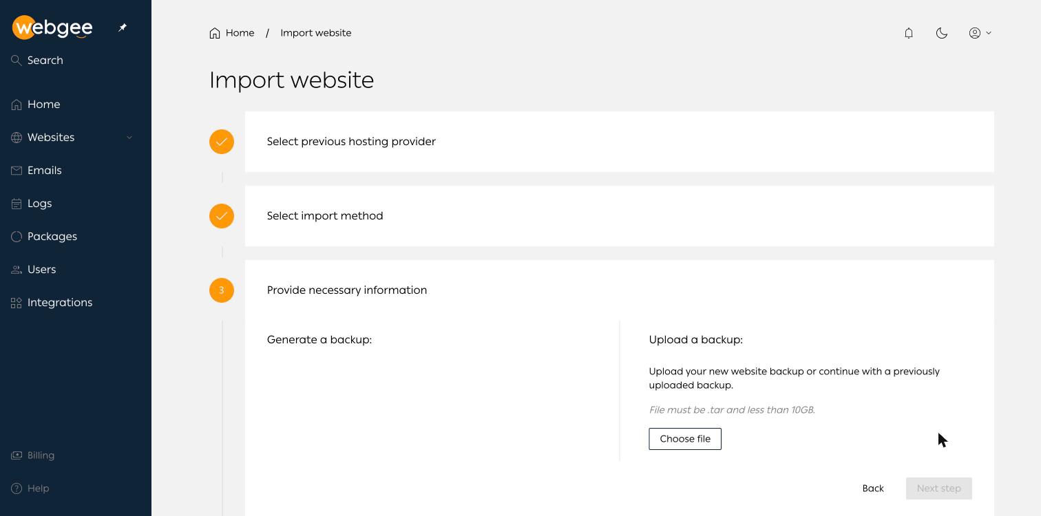 Step three for Plesk, showing the .tar requirement