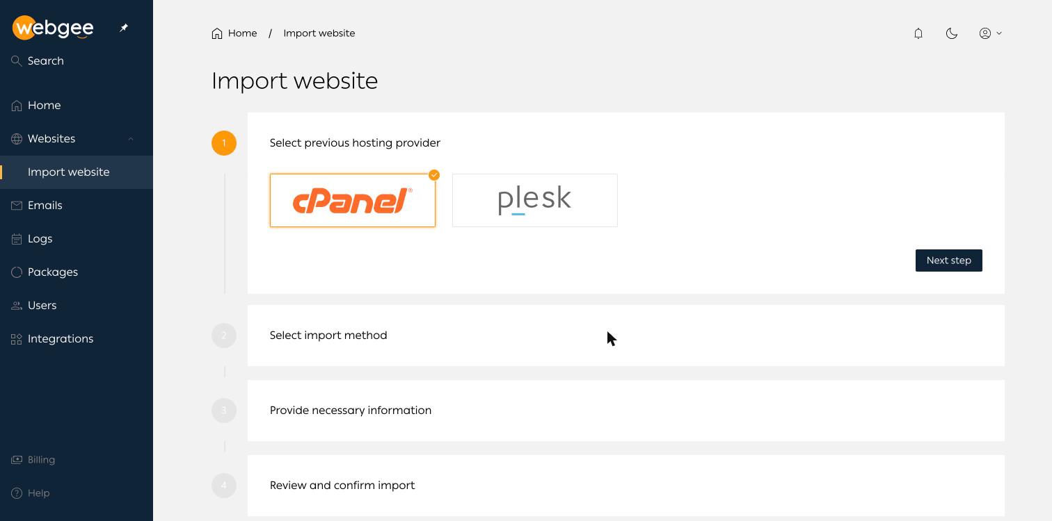 Step one of the import wizard, choosing cPanel or Plesk