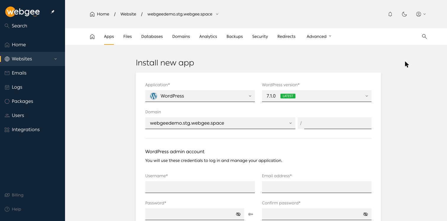 The Install new app form