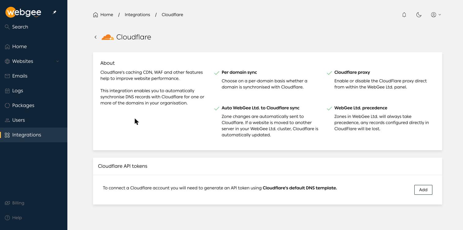 The Cloudflare integration page, describing sync behaviour and the API token requirement