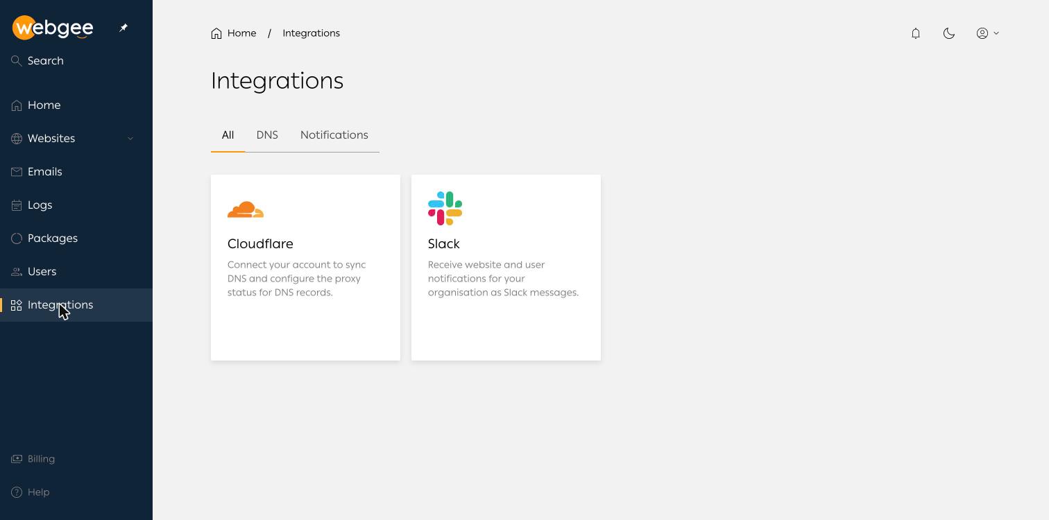 The Integrations page, offering Cloudflare and Slack
