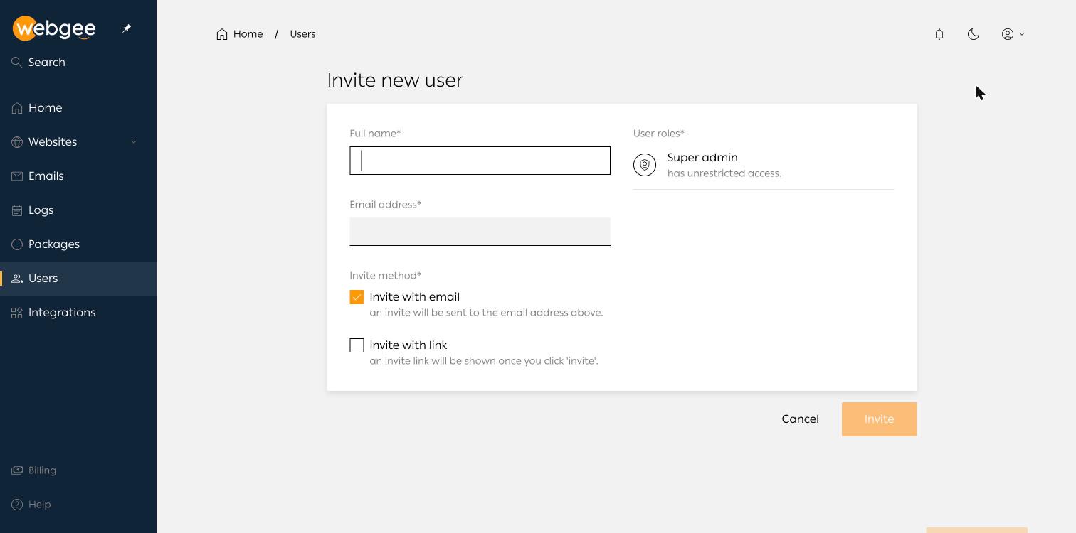 The Invite new user form, showing the Super admin role and the invite methods