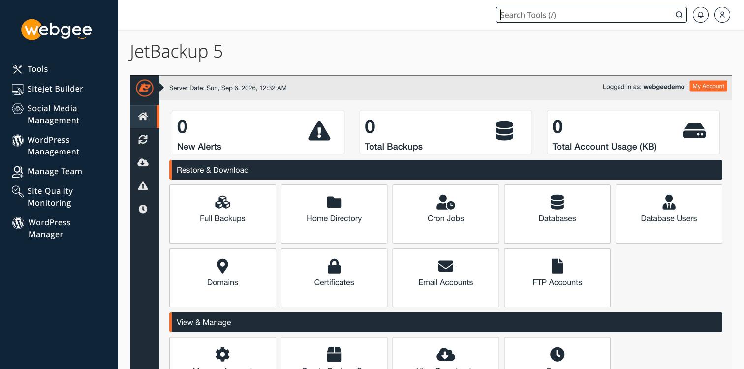 The JetBackup 5 dashboard with a tile per restore type