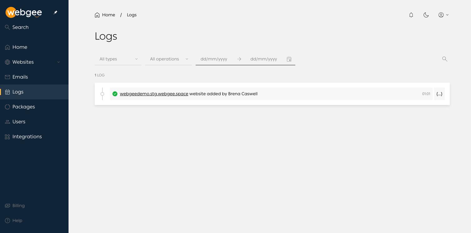 The Logs page, showing a website creation entry with filters above