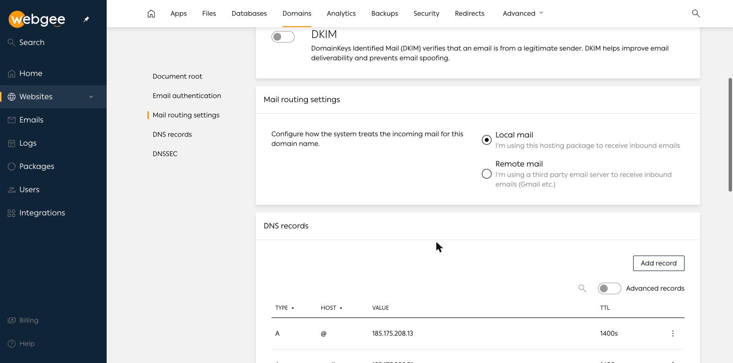 The mail routing settings, offering local or remote mail