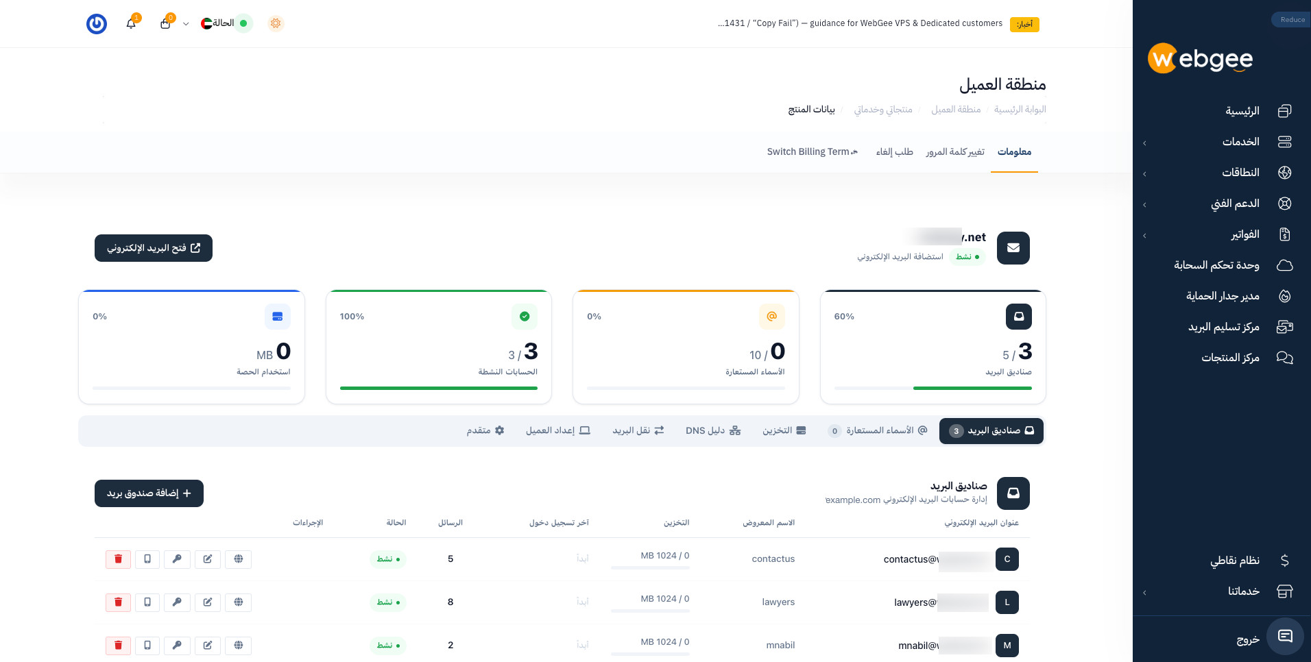 لوحة البريد المميّز تعرض العدادات الأربعة فوق تبويب صناديق البريد