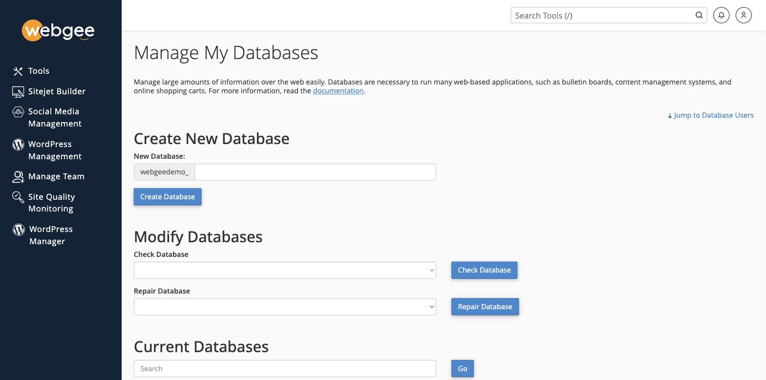 Manage My Databases, showing Create New Database and the repair tools