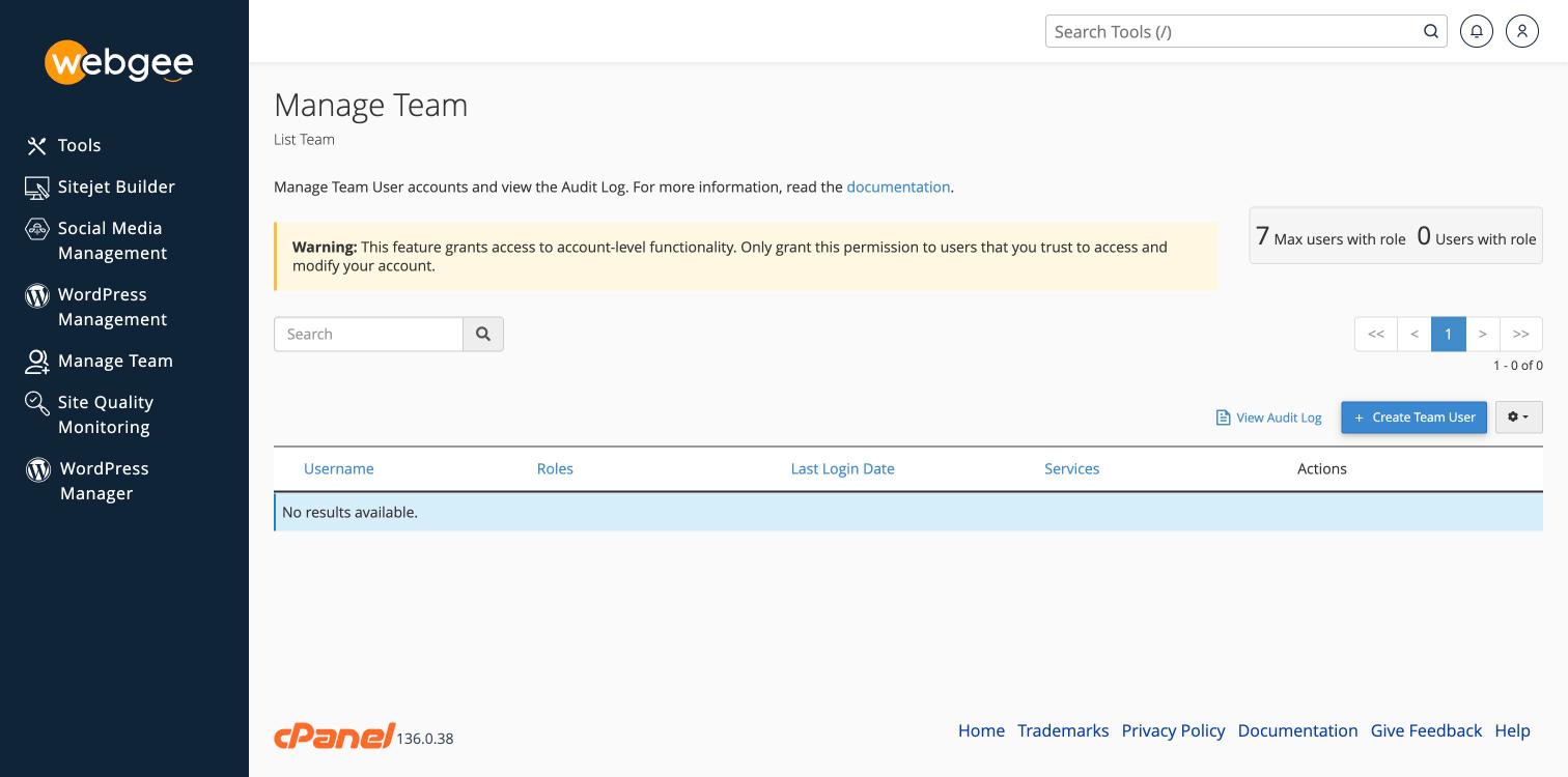 The Manage Team list, showing the user allowance and the Create Team User button