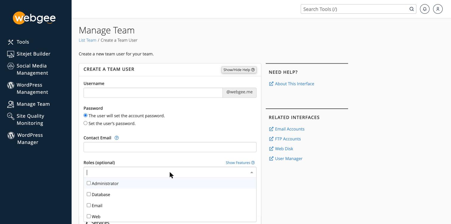 The four roles available when creating a team user