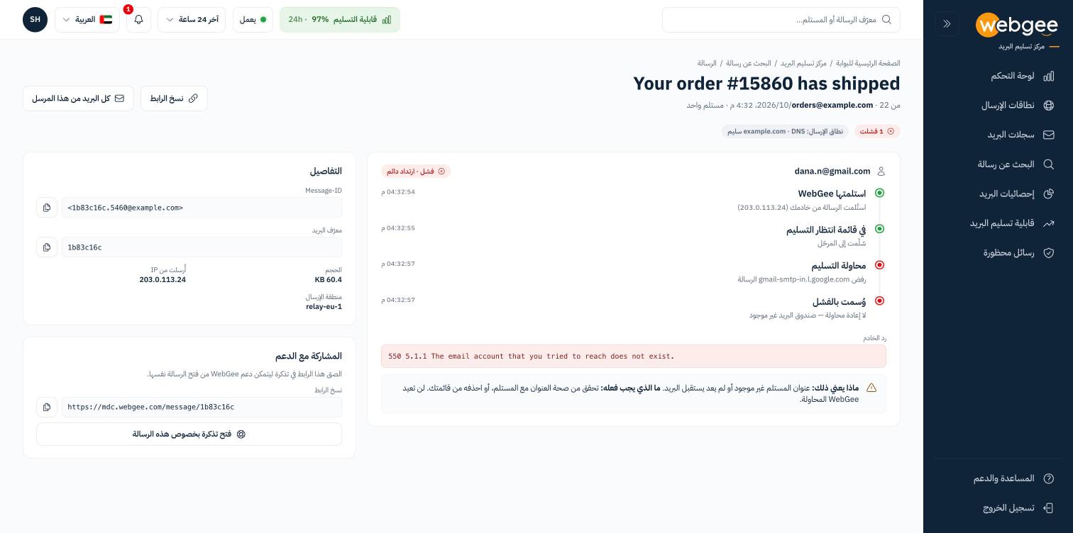 صفحة رسالة طلب مرتجعة، مع المسار الزمني للمستلِمة ورد الخادم المستقبِل وبطاقتي التفاصيل والمشاركة مع الدعم