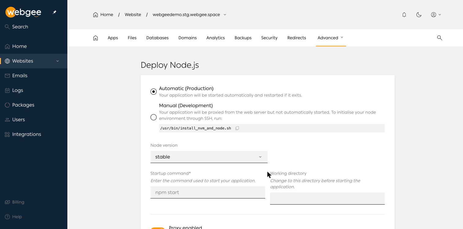 The Deploy Node.js form, showing the automatic and manual modes