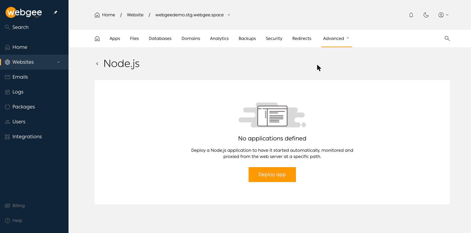 The Node.js page before any application is defined