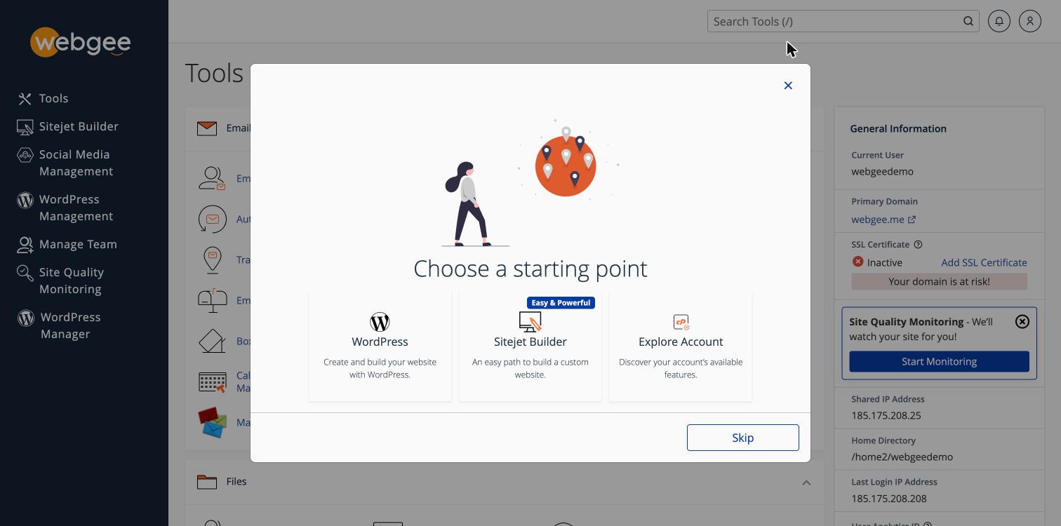 The Choose a starting point screen offering WordPress, Sitejet Builder or Explore Account