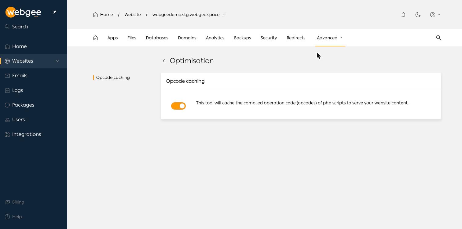 The Optimisation panel with the opcode caching toggle