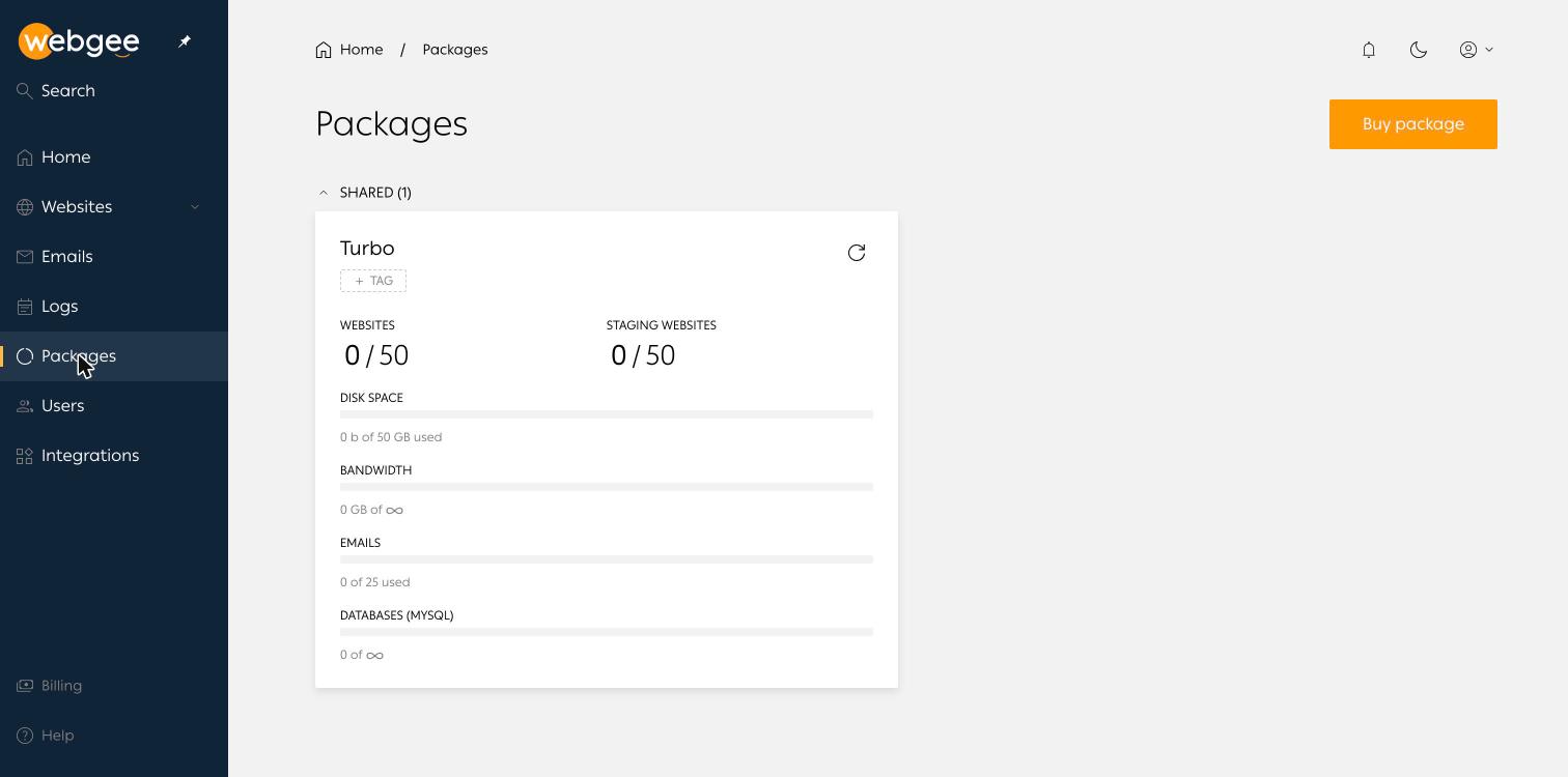 The Packages page, showing a Turbo package and its usage bars