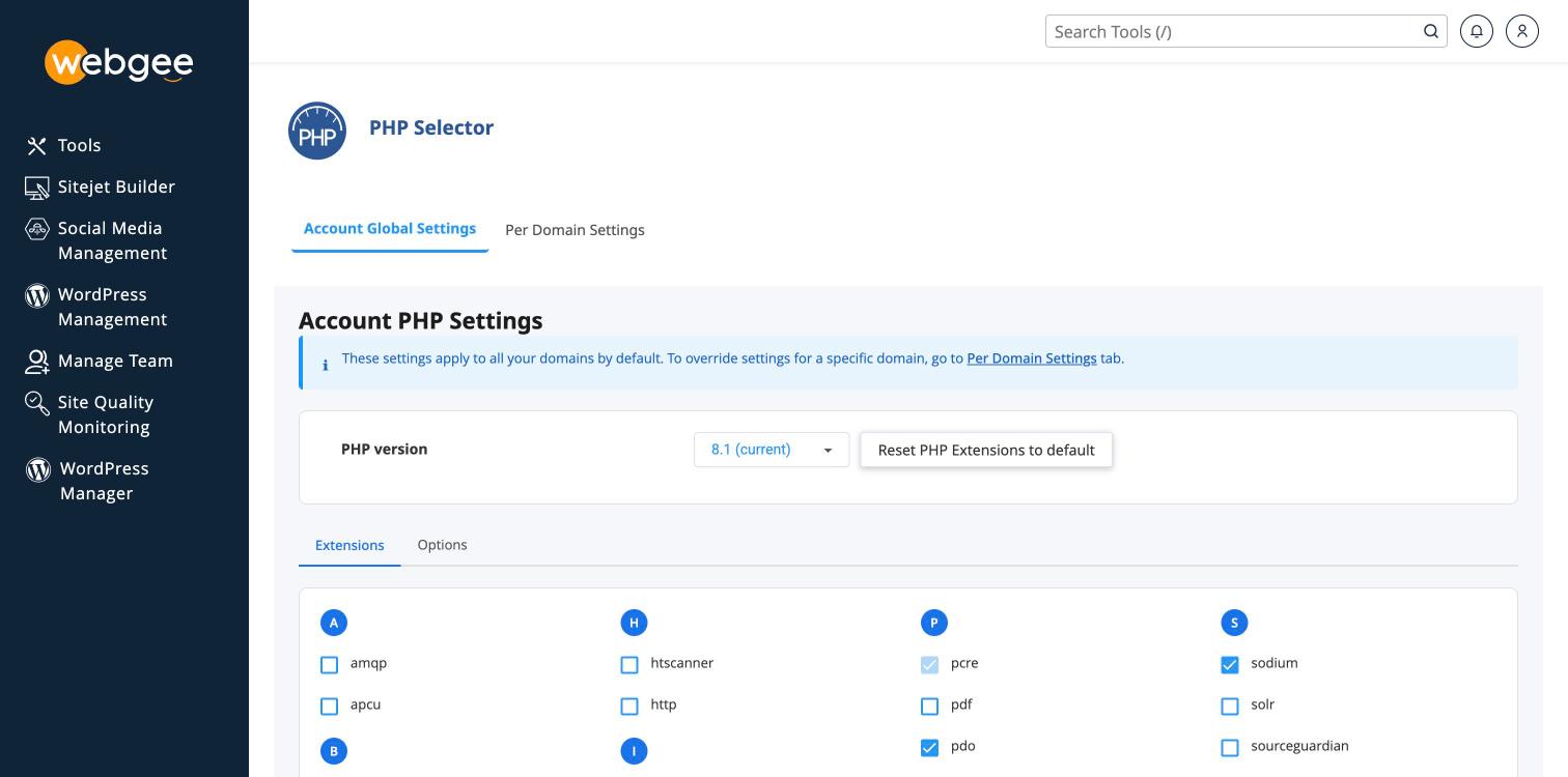 The PHP Selector, showing the version and the Extensions and Options tabs