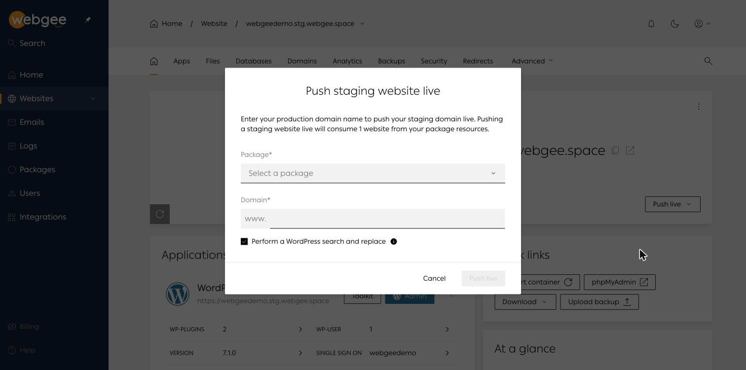 The Push staging website live dialog