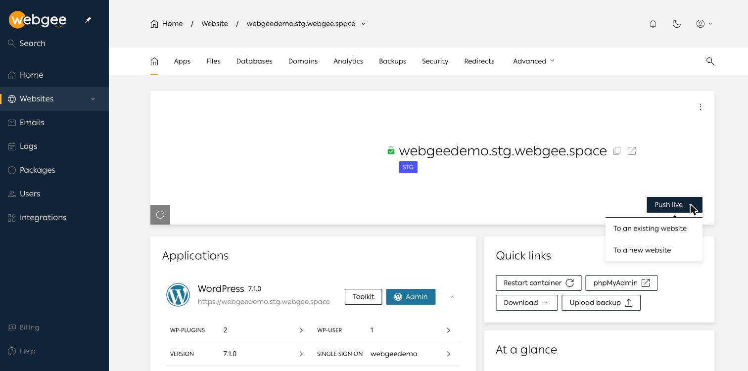 The Push live menu, offering an existing website or a new website
