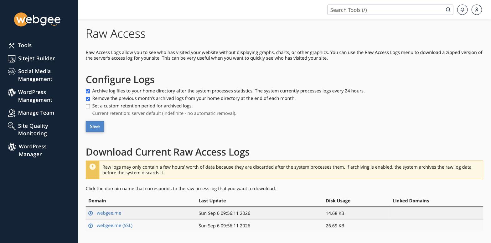 The Raw Access page, showing log configuration and the per-domain download list