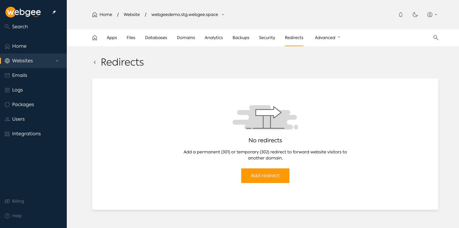 The Redirects page before any redirect exists