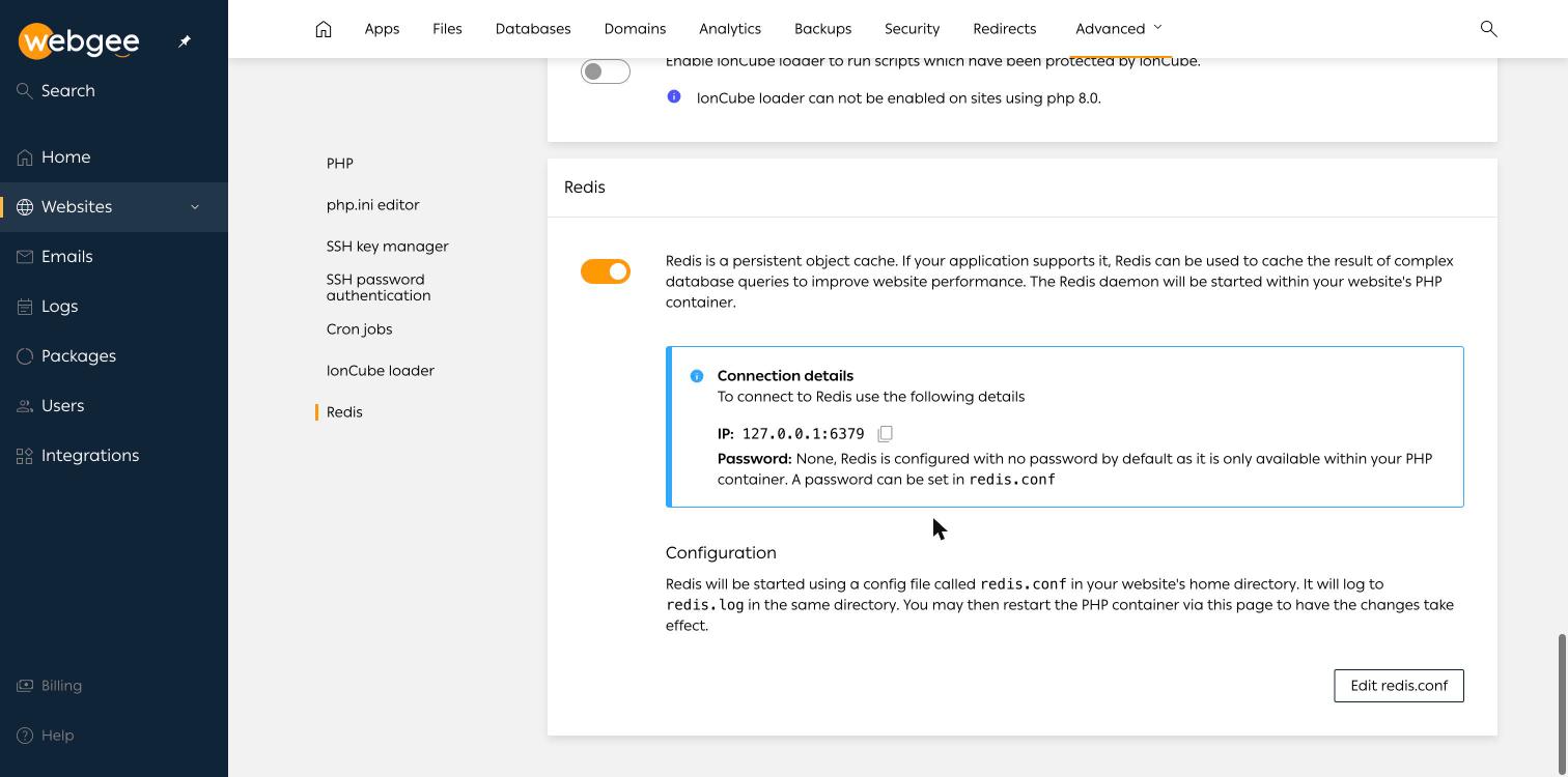 The Redis panel enabled, showing the connection details
