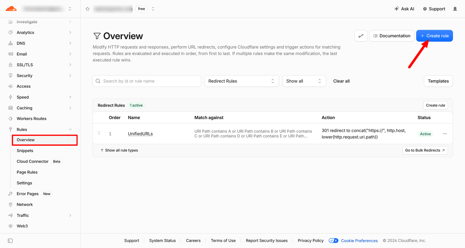 صفحة Rules Overview في Cloudflare مصفّاة على Redirect Rules، وزر Create rule في أعلى اليمين
