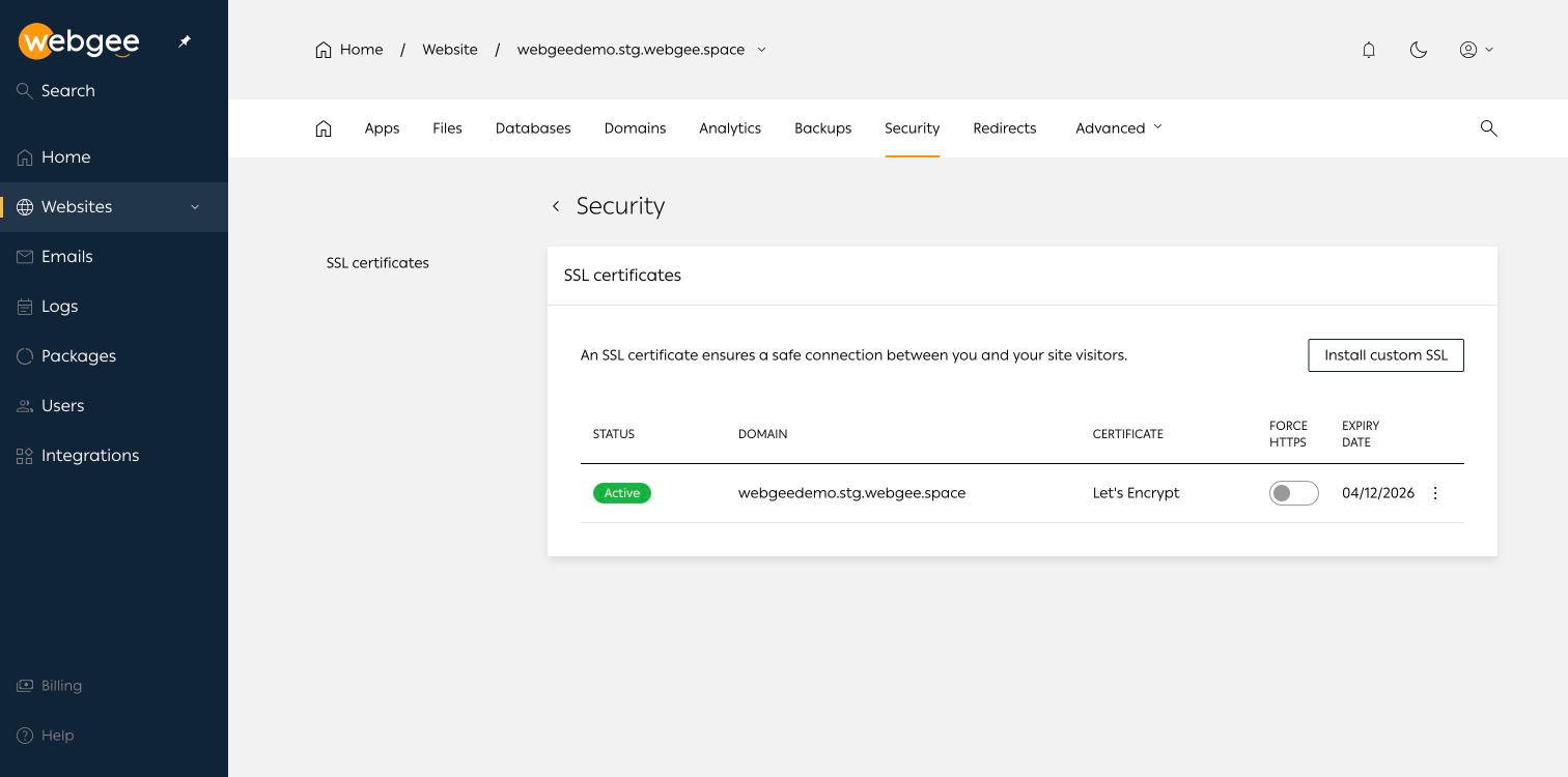 The SSL certificates page, showing an active Let's Encrypt certificate and the Force HTTPS toggle