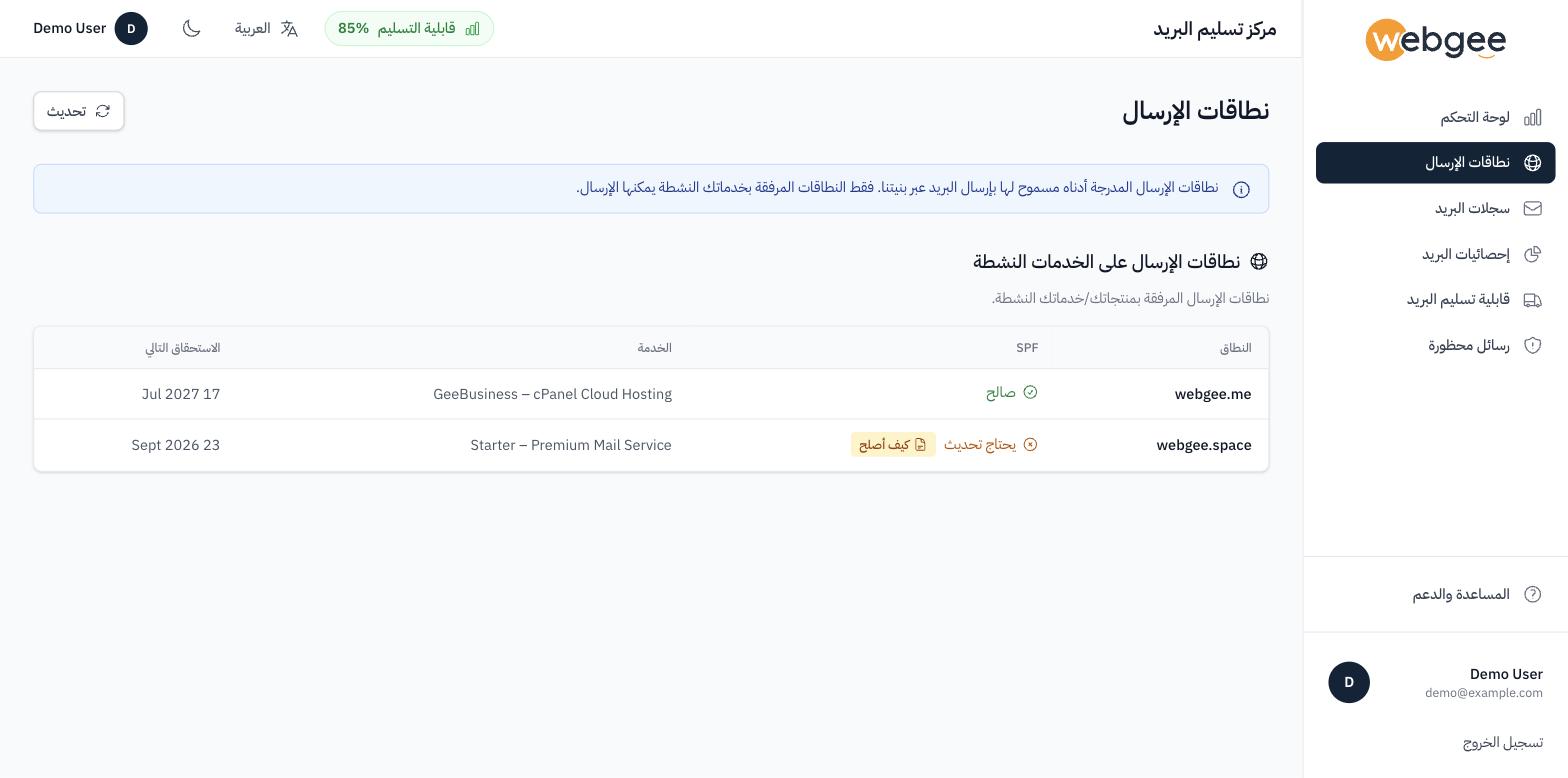 صفحة نطاقات الإرسال تعرض كل نطاق مع حالة SPF والخدمة وتاريخ التجديد
