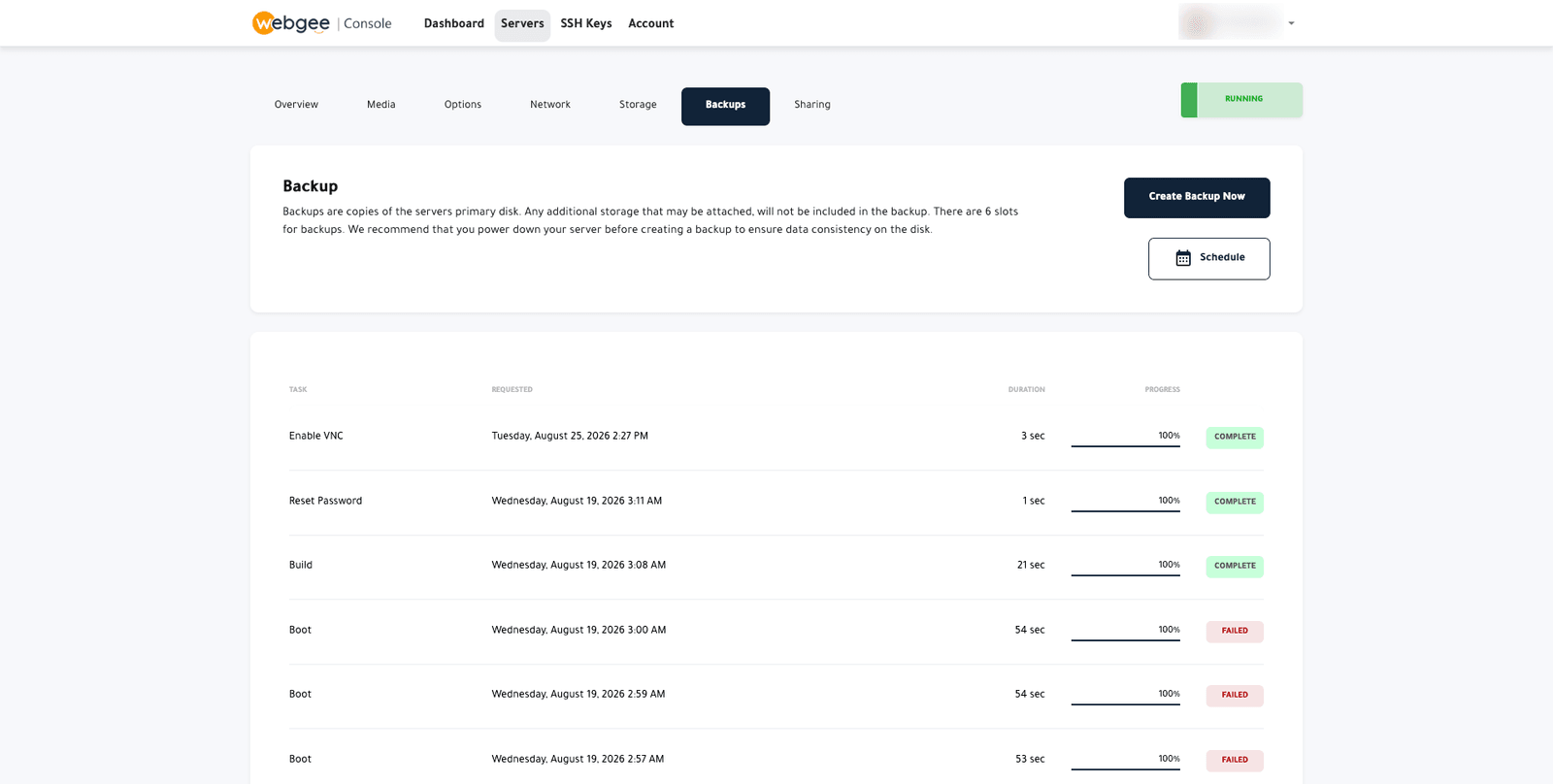 The Backups tab showing Create Backup Now and Schedule